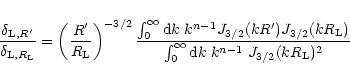 \begin{displaymath}%
\frac{\delta_{{\rm L},R'}}{\delta_{{\rm L},R_{\rm L}}} = \l...
...\int_0^{\infty} {\rm d}k \; k^{n-1} \; J_{3/2}(kR_{\rm L})^2 }
\end{displaymath}