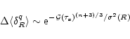 \begin{displaymath}%
\Delta \langle\delta_{R}^q \rangle\sim {\rm e}^{-{\cal G}(\tau_{\rm s})^{(n+3)/3}/\sigma^2(R)}
\end{displaymath}