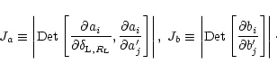 \begin{displaymath}%
J_a \equiv \left\vert {\rm Det}\left[ \frac{\partial a_i}{\...
...t[ \frac{\partial b_i}{\partial b_j'} \right] \right\vert\cdot
\end{displaymath}