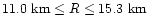 $11.0\ {\rm km}\le R\le 15.3\ {\rm km}$