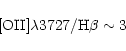 \begin{displaymath}\rm [O II] \lambda{3727} / H\beta \sim 3 \end{displaymath}