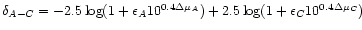 $\delta_{A-C}=-2.5 \log (1+\epsilon_A 10^{0.4\Delta \mu _A})+
2.5 \log (1+\epsilon_C 10^{0.4\Delta \mu _C})$