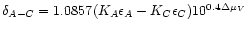 $\delta_{A-C}= 1.0857(K_A \epsilon_A-K_C \epsilon_C) 10^{0.4\Delta \mu _V}$
