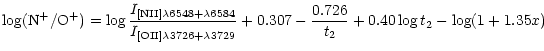 $\displaystyle \log ({\rm N^+/O^+}) = \log \frac{I_{\rm [NII] \lambda 6548 + \la...
... + \lambda 3729}} + 0.307 - \frac{0.726}{t_2}
+ 0.40 \log t_2 - \log (1+1.35 x)$