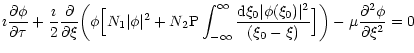 $\displaystyle \imath {\partial \phi \over \partial \tau }
+{\imath \over 2}{\pa...
...\over
(\xi _0-\xi )}\Bigr]\bigg)
-\mu {\partial ^2\phi \over \partial \xi ^2}=0$