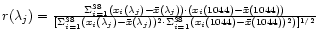 $r(\lambda_j)=\frac{ \Sigma_{\small i=1}^{\tiny 38}(
x_i(\lambda_j)-\bar x(\lamb...
...r x(\lambda_j) )^2
\cdot \Sigma_{i=1}^{38}(x_i(1044)-\bar x(1044))^2) ]^{1/2}} $