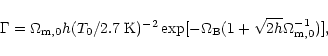 \begin{displaymath}%
\Gamma = \Omega_{\rm m,0} h (T_0/2.7 \;{\rm K})^{-2}
\exp [ - \Omega_{\rm B} (1 + \sqrt{2h} \Omega_{\rm m,0}^{-1} ) ],
\end{displaymath}