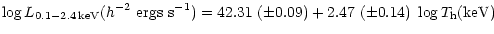 $\displaystyle %
\log L_{\rm0.1-2.4\,keV}(h^{-2}~{\rm ergs\ s}^{-1})=
42.31\ (\pm 0.09) + 2.47\ (\pm0.14)\ \log T_{\rm h}({\rm keV})$