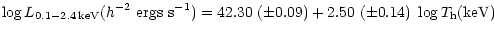 $\displaystyle %
\log L_{\rm0.1-2.4\,keV}(h^{-2}~{\rm ergs\ s}^{-1})=
42.30\ (\pm 0.09) + 2.50\ (\pm0.14)\ \log T_{\rm h}({\rm keV})$
