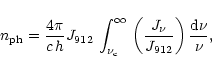 \begin{displaymath}%
n_{\rm ph} = \frac{4\pi}{c\,h}J_{912}\,\int^\infty_{\nu_{\r...
...}\,
\left(\frac{J_\nu}{J_{912}}\right) \frac{{\rm d}\nu}{\nu},
\end{displaymath}