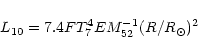 \begin{displaymath}L_{10} = 7.4 F T_{7}^{4} EM_{52}^{-1} (R/R_{\odot})^{2}
\end{displaymath}