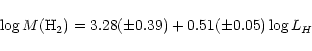 \begin{displaymath}\log M({\rm H}_2)=3.28(\pm0.39)+0.51(\pm0.05)\log L_H
\end{displaymath}