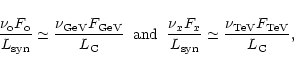 \begin{displaymath}\frac{\nu_{\rm o}F_{\rm o}}{L_{\rm syn}}\simeq\frac{\nu_{\rm ...
...{L_{\rm syn}}\simeq\frac{\nu_{\rm TeV}F_{\rm TeV}}{L_{\rm C}},
\end{displaymath}