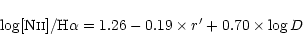 \begin{displaymath}\log [\mbox{N{\sc ii}}]/\mbox{H}\alpha = 1.26 - 0.19 \times r' + 0.70 \times \log D
\end{displaymath}