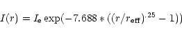 \begin{displaymath}
%
I(r)=I_{\rm e} \exp(-7.688*((r/r_{\rm eff})^{.25}-1))
\end{displaymath}