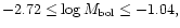 $-2.72 \leq \log M_{\rm {bol}} \leq -1.04,$