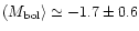 $\left( M_{\rm {bol}} \right>
\simeq -1.7 \pm 0.6$