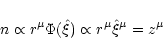 \begin{displaymath}n\propto r^\mu \Phi(\hat\xi) \propto r^\mu \hat\xi^\mu = z^\mu \,
\end{displaymath}