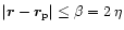 $\vert\vec{r}-\vec{r}_{\rm p}\vert\leq \beta = 2\,\eta$