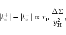 \begin{displaymath}\vert t_z^+\vert - \vert t_z^-\vert \propto r_{\rm p}\,\frac{\Delta \Sigma}{y_{\rm H}^2},
\end{displaymath}