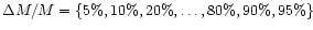 $\Delta M/M=\{5\%, 10\%, 20\%, \ldots ,80\%, 90\%, 95\%\}$