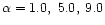 $\alpha=1.0,\;5.0,\;9.0$