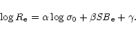 \begin{displaymath}\log R_{\rm e}=\alpha \log \sigma_0+ \beta{\it SB}_{\rm e}+ \gamma.
\end{displaymath}