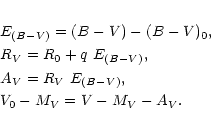 \begin{eqnarray*}&&\!\!\!\!\!\! E_{(B-V)}= (B-V) - (B-V)_0, \\
&&\!\!\!\!\!\! R...
..._V = R_V~E_{(B-V)}, \\
&&\!\!\!\!\!\! V_0-M_V = V - M_V - A_V.
\end{eqnarray*}