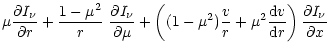 $\displaystyle %
{
\mu\frac{\partial I_\nu}{\partial r} +
\frac{1-\mu^2}{r} ~ \f...
...} + \mu^2 \frac{{\rm d}v}{{\rm d}r} \right)
\frac{\partial I_\nu}{\partial x}
}$