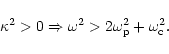 \begin{displaymath}\kappa^2>0\Rightarrow \omega^2>2\omega_{\rm p}^2+\omega_{\rm c}^2.
\end{displaymath}