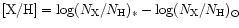 $[{\rm X/H}]=\log (N_{{\rm X}}/N_{{\rm H}})_{*} -
\log(N_{{\rm X}}/N_{{\rm H}})_{\odot}$