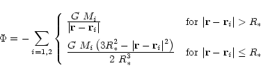 \begin{displaymath}
\Phi = -\sum_{i=1,2}{\left\{\begin{array}{l@{\quad}l}
\frac...
...rt{\mathbf r} - {\mathbf r_i}\vert \le R_*
\end{array}\right.}
\end{displaymath}