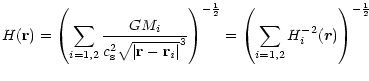 $\displaystyle H({\bf r}) =
\left(\sum_{i=1,2}{\frac{G M_i}
{c_{\rm s}^2\sqrt{\v...
...^{-\frac{1}{2}}
= \left(\sum_{i=1,2}{H_i^{-2} (\vec{r})}
\right)^{-\frac{1}{2}}$