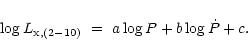 \begin{displaymath}\log L_{\rm x, (2-10)}~=~a\log P+b\log\dot P+c.
\end{displaymath}
