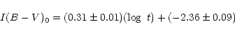 \begin{displaymath}I(B-V)_{0} = (0.31\pm0.01)(\log~t)+(-2.36\pm0.09)
\end{displaymath}