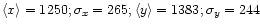 $\left\langle x \right\rangle=1250;
\sigma_x=265; \left\langle y \right\rangle=1383; \sigma_y=244$