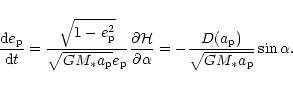 \begin{displaymath}{{\rm d} e_{\rm p}\over {\rm d}t} = {\sqrt{1-e_{\rm p}^2}\ove...
...ha} =
-{D(a_{\rm p}) \over \sqrt{GM_* a_{\rm p}}}\sin\alpha .
\end{displaymath}