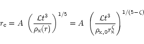 \begin{displaymath}r_{\rm c} = A~ \left(\frac{\mathcal{L}t^3}{\rho_{\rm
x}(r)}\...
...t^3}{\rho_{\rm x,0}
r_{\rm x}^{\zeta}}\right)^{1/(5 - \zeta)}
\end{displaymath}