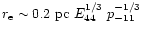 $r_{\rm e} \sim 0.2~{\rm pc}~
E_{44}^{1/3}~p_{-11}^{-1/3}$