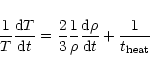 \begin{displaymath}%
\frac{1}{T} \frac{{\rm d} T}{{\rm d} t} = \frac{2}{3} \frac{1}{\rho} \frac{{\rm d} \rho}{{\rm d} t} + \frac{1}{t_{\rm heat}}
\end{displaymath}