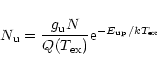 \begin{displaymath}N_{\rm u}=\frac{g_{\rm u}N}{Q(T_{\rm ex})}{\rm e}^{-E_{\rm up}/kT_{\rm ex}}
\end{displaymath}