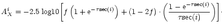 $\displaystyle A^i_X = -2.5\; {\rm log}10 \biggl[ f \left( 1 + {\rm e}^{-{\tau}{...
...ac{ 1 - {\rm e}^{-{\tau}{\rm sec}(i)}}
{{\tau}{\rm sec}(i)} \right)\biggr]\cdot$