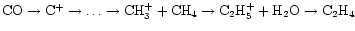${\rm CO}\rightarrow{\rm C}^{+}\rightarrow \ldots
\rightarrow {\rm CH}_{3}^{+} +...
...C}_{2}{\rm H}_{5}^{+} +
{\rm H}_{2}{\rm O} \rightarrow
{\rm C}_{2}{\rm H}_{4}$