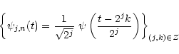 \begin{displaymath}\left\{ \psi _{j,n}(t)=\frac{1}{\sqrt{2^{j}}}~ \psi \left( \frac{t-2^{j}k}{2^{j}}\right) \right\} _{(j,k)\in Z}
\end{displaymath}
