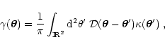 \begin{displaymath}%
\gamma(\vec\theta)={1\over\pi}\int_{{\rm I\mathchoice{\kern...
...heta'\;
{\cal D}(\vec\theta-\vec\theta')\kappa(\vec\theta')\;,
\end{displaymath}