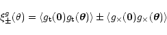 \begin{displaymath}%
\xi^g_\pm(\theta)=\left\langle g_{\rm t}(\vec 0)g_{\rm t}(\...
...\langle g_\times (\vec 0)g_{\times}(\vec \theta) \right\rangle
\end{displaymath}