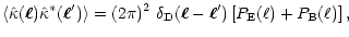 $\displaystyle \left\langle \hat\kappa(\vec\ell)\hat\kappa^{*}(\vec\ell') \right...
...(\vec\ell-\vec\ell')\left\lbrack P_{\rm E}(\ell)+P_{\rm B}(\ell) \right\rbrack,$