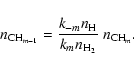 \begin{displaymath}%
n_{{\rm CH}_{m-1}}={k_{-m}n_{\rm H}\over k_mn_{\rm H_2}}~n_{{\rm CH}_m}.
\end{displaymath}