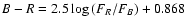 $B-R = 2.5 \log{(F_R/F_B)} + 0.868$