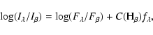 \begin{displaymath}%
\log(I_\lambda/I_\beta) = \log(F_\lambda/F_\beta) + C({\rm H}_\beta)f_\lambda,
\end{displaymath}